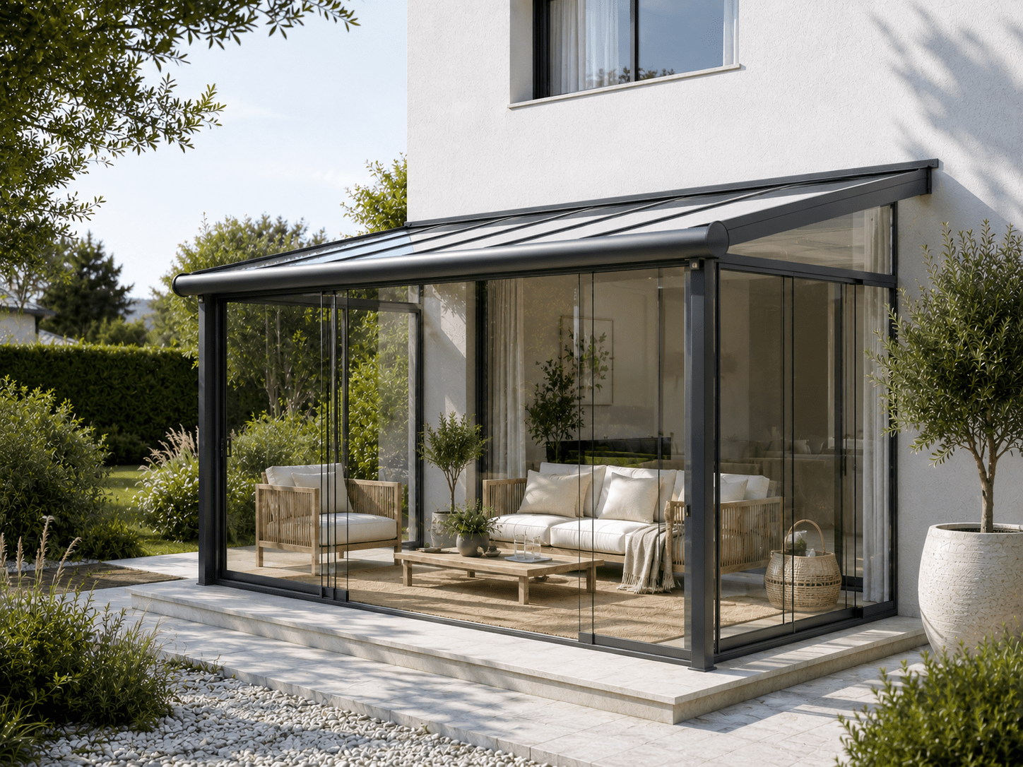 Wintergarten mit Glasschiebewänden in Anthrazit an modernem Wohnhaus